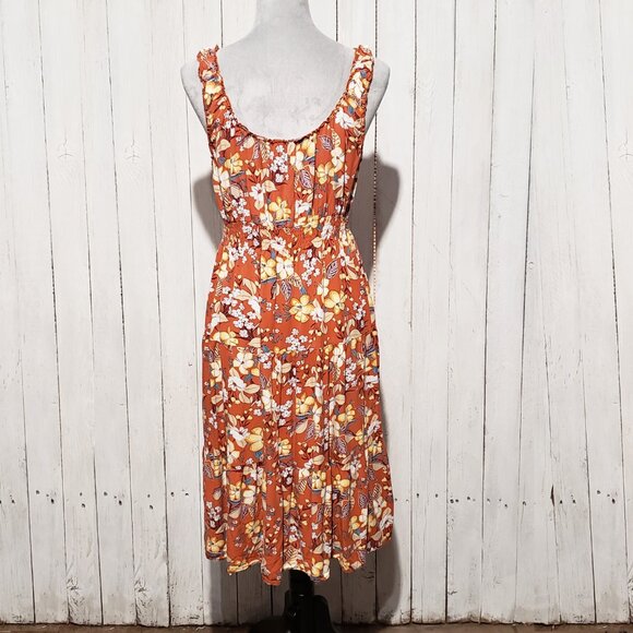 Lapis Dress L Orange Floral Sleeveless Cottage Prairie Tomato Bloom Earthy Mod - Picture 4 of 6